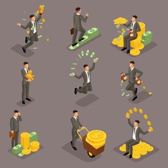 Trendy isometric people, 3d businessman, concept with young businessman, money, success, gold, wealth, joy, work, movement, startup isolated on dark backgroun