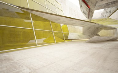 Abstract interior of concrete with yellow glass . Architectural background. 3D illustration and rendering 