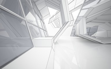 Abstract white interior highlights future with glass. Polygon drawing . Architectural background. 3D illustration and rendering