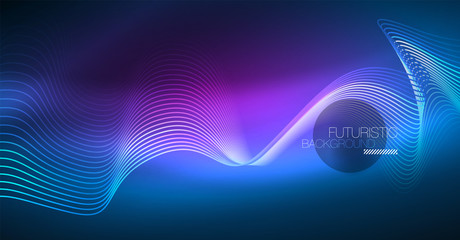 Glowing abstract wave on dark, shiny motion, Christmas and New Year magic space light. Techno abstract background