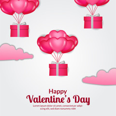 Valentine day with 3g hearth flying helium balloon and cloud paper cut style. vector illustration