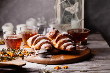 Delicious continental breakfast with  croissants and tea