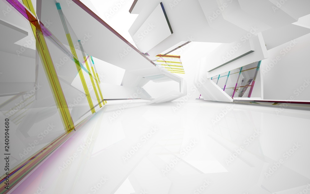 Wall mural abstract architectural interior with white sculpture and geometric gradient glass lines. 3d illustra