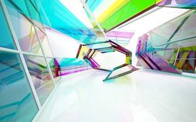 abstract architectural interior with gradient geometric glass sculpture. 3D illustration and rendering