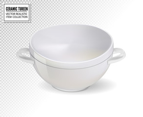 Realistic ceramic ware. Tableware for cooking, cooking utensils for serving table, food, lunch and dinner, a bowl for soup. Vector 3d illustration isolated.