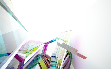 Fototapeta premium abstract architectural interior with gradient geometric glass sculpture. 3D illustration and rendering