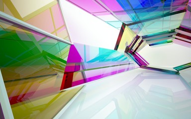 abstract architectural interior with gradient geometric glass sculpture. 3D illustration and rendering