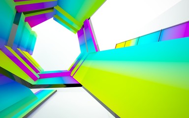 Abstract dynamic interior with gradient colored objects. 3D illustration and rendering