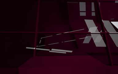 Abstract interior of the future in a minimalist style with red colored sculpture. Night view . Architectural background. 3D illustration and rendering