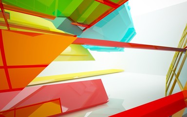 abstract architectural interior with gradient geometric glass sculpture. 3D illustration and rendering