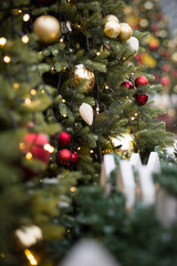 Closeup of Christmas decoration tree outdoors. Celebration, winter and holidays concept. Selective focus