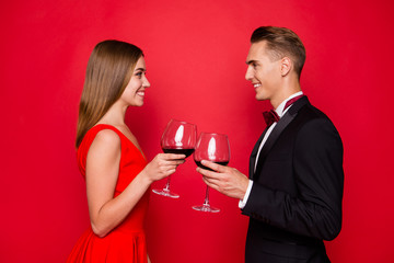 Profile side view portrait of two nice lovely attractive charmin