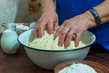 preparation, bakery,flour, dough, elderly woman, close up, copy space
