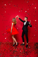 Vertical full length body size view of two chic gorgeous cheery 