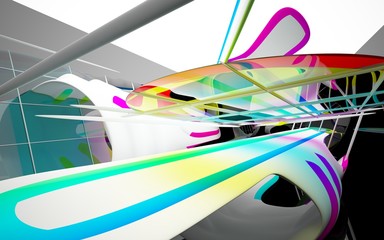 Abstract dynamic interior with white smooth colored gradient objects and black room . 3D illustration and rendering