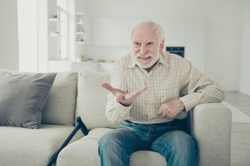 Close up photo of grey hair he his him grandpa with raised hand 
