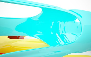 abstract architectural interior with colored smooth glass sculpture. 3D illustration and rendering