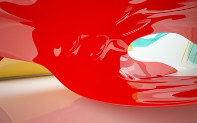 abstract architectural interior with colored smooth glass sculpture. 3D illustration and rendering