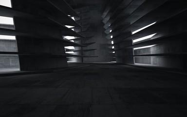 Empty dark abstract concrete room interior. Architectural background. Night view of the illuminated. 3D illustration and rendering