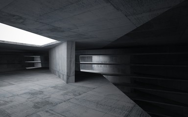 Empty dark abstract concrete room interior. Architectural background. Night view of the illuminated. 3D illustration and rendering