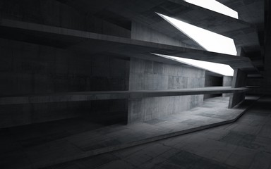 Empty dark abstract concrete room interior. Architectural background. Night view of the illuminated. 3D illustration and rendering