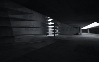 Empty dark abstract concrete room interior. Architectural background. Night view of the illuminated. 3D illustration and rendering