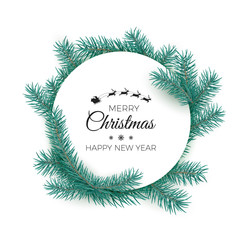 Naklejka na ściany i meble Merry Christmas and happy New Year greeting card. Round white label with fir branches. Vector illustration