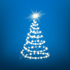 New Year Tree silhouette made of Christmas lights on blue background. Magic Chistmas holiday background. Vector illustration