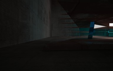Empty abstract room interior of sheets rusted metal and gray concrete with blue glass. Architectural background. Night view of the illuminated. 3D illustration and rendering