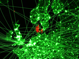 Denmark on green map with networks. Concept of international travel, communication and technology.