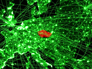 Czech republic on green map with networks. Concept of international travel, communication and technology.