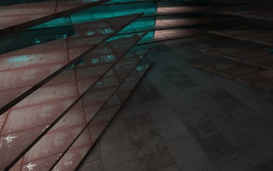 Obraz premium Empty abstract room interior of sheets rusted metal and gray concrete with blue glass. Architectural background. Night view of the illuminated. 3D illustration and rendering