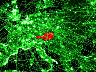 Austria on green map with networks. Concept of international travel, communication and technology.