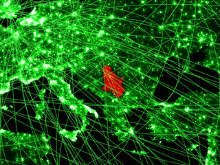 Serbia on green map with networks. Concept of international travel, communication and technology.