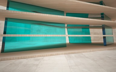 Abstract interior of concrete, wood and blue glass. Architectural background. 3D illustration and rendering 