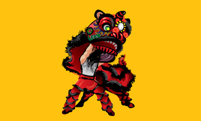 A Chinese lion raising it's head, in various colors and presented in splashing ink drawing style. Vector.