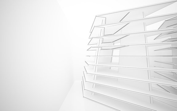 Abstract white interior highlights future. Polygon drawing . Architectural background. 3D illustration and rendering