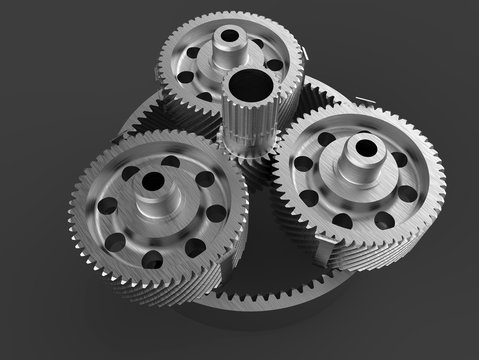 3D render - detailed metallic gears on black background