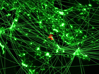 Kuwait on green map with networks. Concept of international travel, communication and technology.