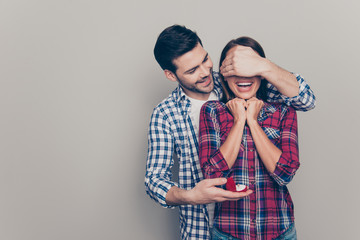 Portrait of handsome beautiful crazy ecstatic laughing lady and 