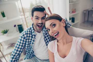 Fototapeta premium Self-portrait of two nice sweet lovely adorable attractive cheer