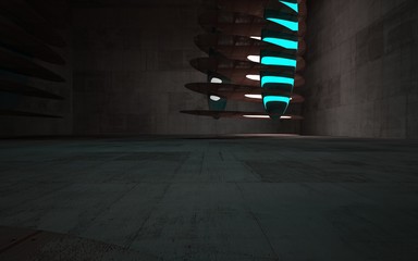 Empty smooth abstract room interior of sheets rusted metal, brown concrete and blue glass. Architectural background. Night view of the illuminated. 3D illustration and rendering