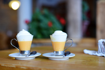Italian cream hot drinks - Bombardino. Europe, Italy.