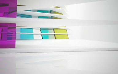 abstract architectural interior with white sculpture and geometric gradient glass box. 3D illustration and rendering