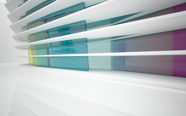 Obraz premium abstract architectural interior with white sculpture and geometric gradient glass box. 3D illustration and rendering