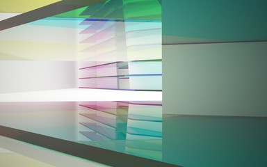 abstract architectural interior with gradient geometric glass sculpture. 3D illustration and rendering