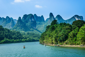Beautiful mountains and river scenery with blue sky, Yangshuo, China.