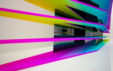 Abstract dynamic interior with gradient colored objects. 3D illustration and rendering