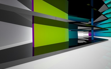 Fototapeta premium Abstract dynamic interior with gradient colored objects. 3D illustration and rendering