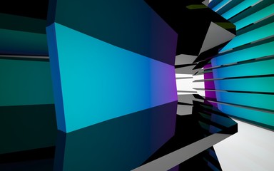 Abstract white interior of the future, with glossy black and colored gradient sculpture. 3D illustration and rendering